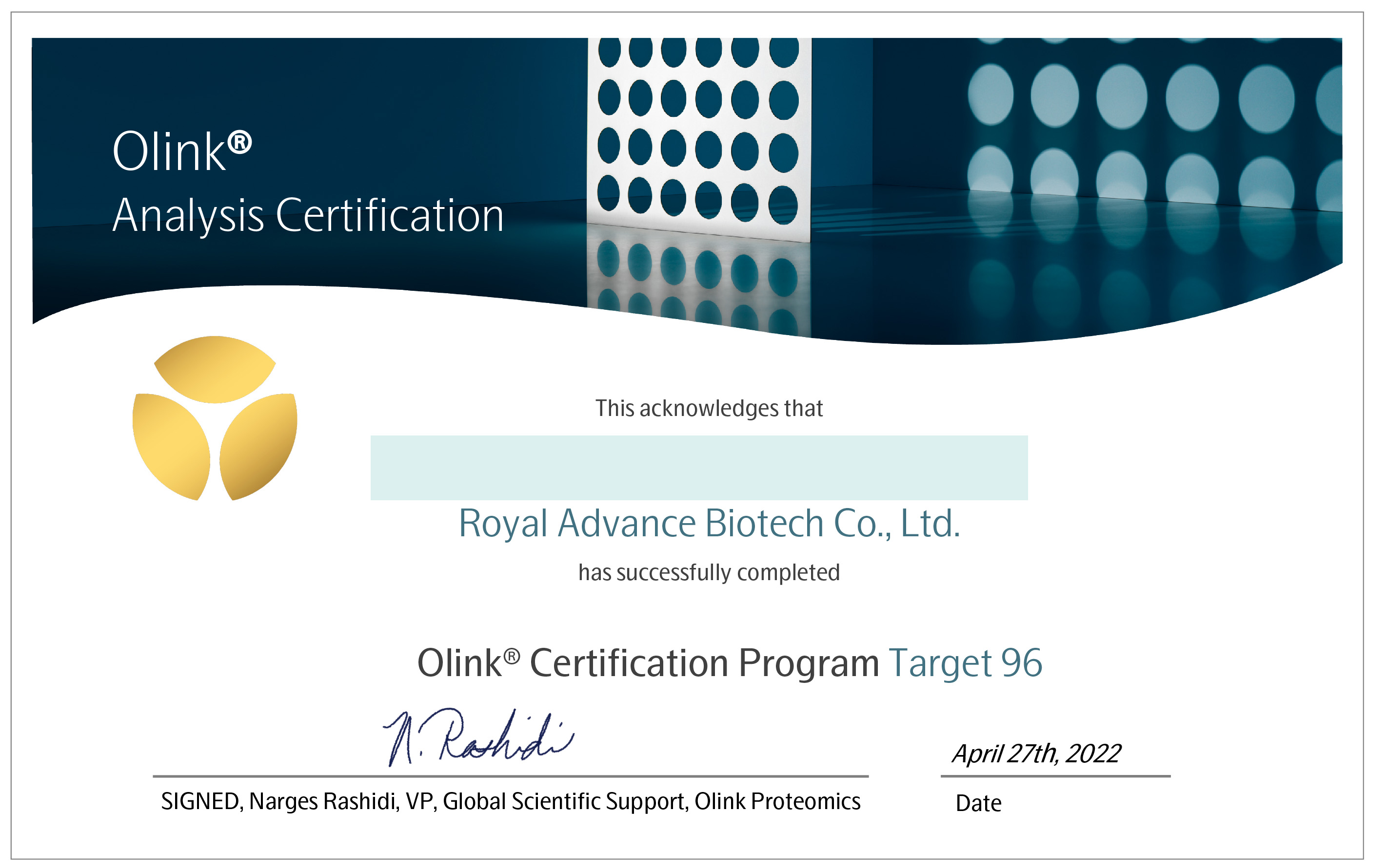2022年4月27日：公司获得Olink Service Provider Gold Badge